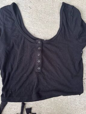 Garage Black Ribbed Scoop Neck Crop Top with Front Snap Placket